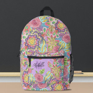 Whimsistische Bohemische Blume auf Lila Bedruckter Rucksack