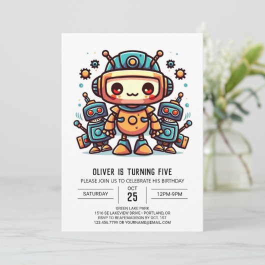 Whimsistische Editable Gears Robot Birthday Einladung (Stehend Vorderseite)