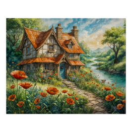 Whimsistische Hütte mit Mohn-Blume Poster