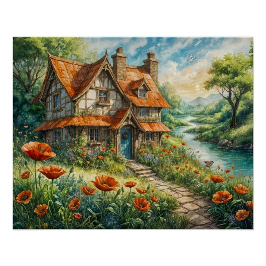 Whimsistische Hütte mit Mohn-Blume Poster (Vorderseite)