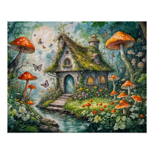 Whimsistische Hütte von Stream mit Riesenrot-Mushr Poster (Vorderseite)