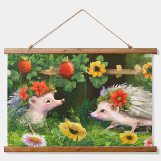 Whimsistische Igel in einem englischen Garten Wandteppich Mit Holzrahmen (Vorne)