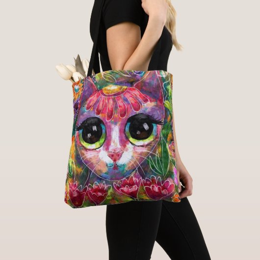 Whimsistische Impressionistische Big Mit Augen Cat Tasche (Von Nahem)