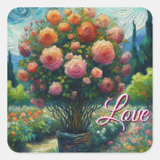 Whimsistische Rose Topiary Impressionistisches Gem Quadratischer Aufkleber (Vorderseite)