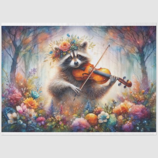 Whimsistische Violinist Raccoon Wildblumen Dekoupa Seidenpapier (Vorderseite)