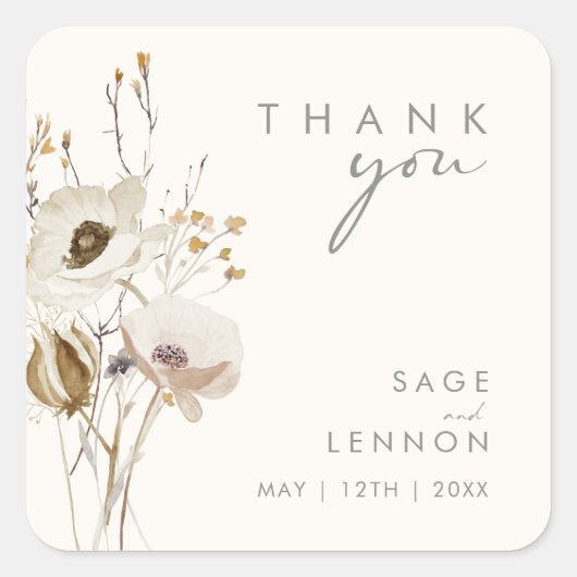 Whimsistische Wildblume | Elfenbein Danke, Ihr Sti Quadratischer Aufkleber (Vorderseite)