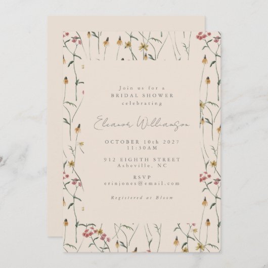 Whimsistische Wildblume Floral Boho Brautparty Einladung (Vorne/Hinten)