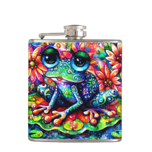 Whimsistischer Impressionist Floral Frog Green Blu Flachmann