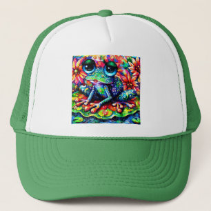 Whimsistischer Impressionist Floral Frog Green Blu Truckerkappe