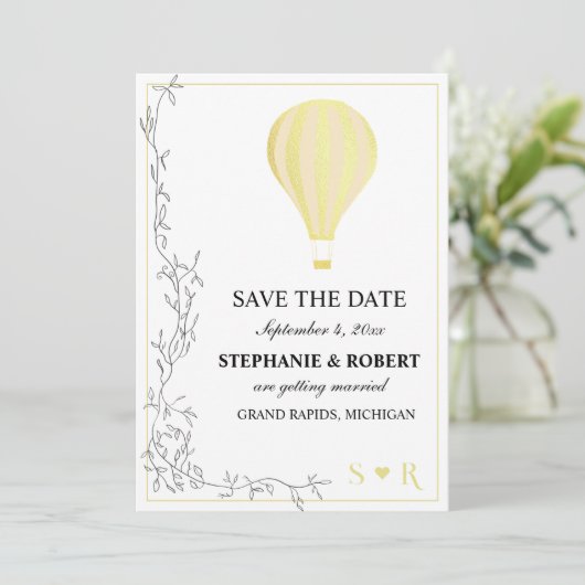 Whimsitic Rustic Golden Hot Air Ballon Save The Date (Stehend Vorderseite)