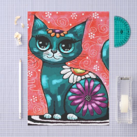 Whimsity Cat auf Rug Floral Aquamarin Decoupage Seidenpapier (Handwerk)