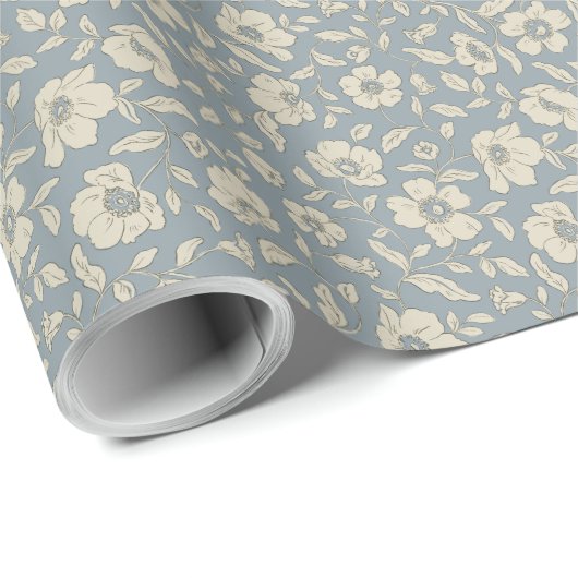 Whimsy Anemones Dusty Blue Wrapping Paper Geschenkpapier (Rolleneckpunkt)