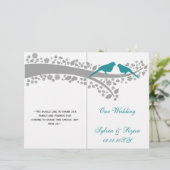Whimsy aqua lovebirds gefaltet Hochzeitsprogramm (Stehend Vorderseite)