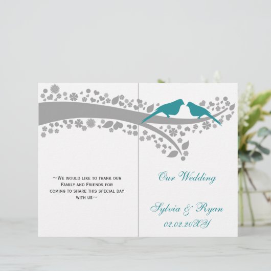 Whimsy aqua lovebirds gefaltet Hochzeitsprogramm (Stehend Vorderseite)