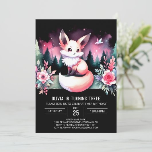 Whimsy Boho Fox Geburtstag digital Einladung (Stehend Vorderseite)