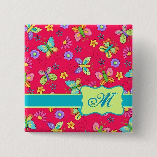 Whimsy Butterflies Red Monogram Red Modern Whimsy Button (Vorderseite)