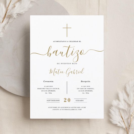 Whimsy Calligraphy Invitación De Bautizo Gold Einladung