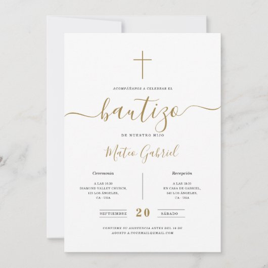 Whimsy Calligraphy Invitación De Bautizo Gold Einladung (Vorderseite)