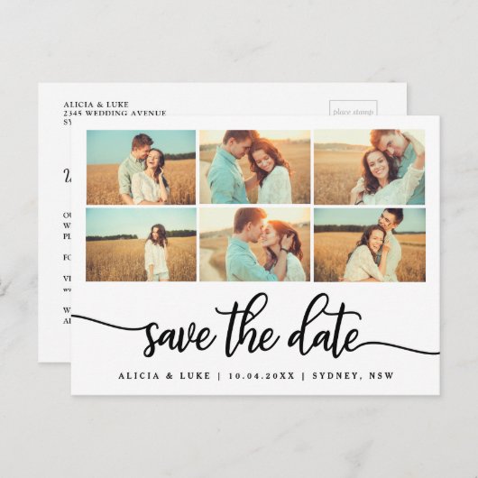 Whimsy Calligraphy Save the Date FotoCollage Ankündigungspostkarte (Vorne/Hinten)