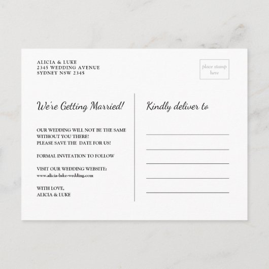 Whimsy Calligraphy Save the Date FotoCollage Ankündigungspostkarte (Rückseite)