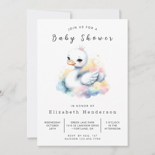 Whimsy Digital Swan Baby Dusche Einladung (Vorderseite)