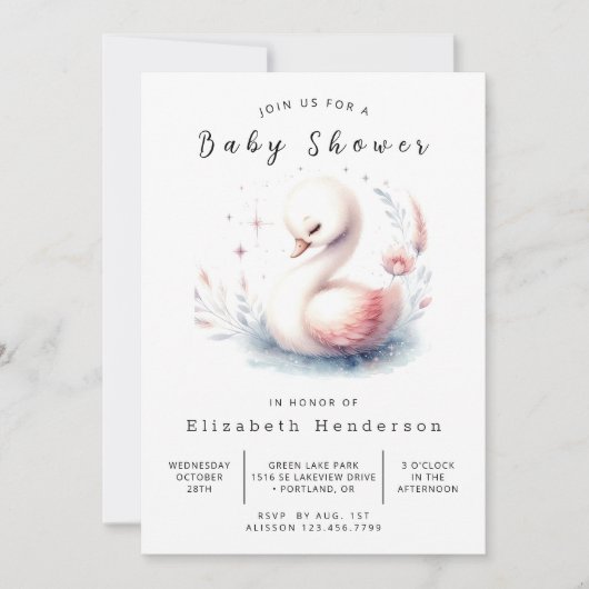 Whimsy Editable Swan Baby Dusche Einladung (Vorderseite)