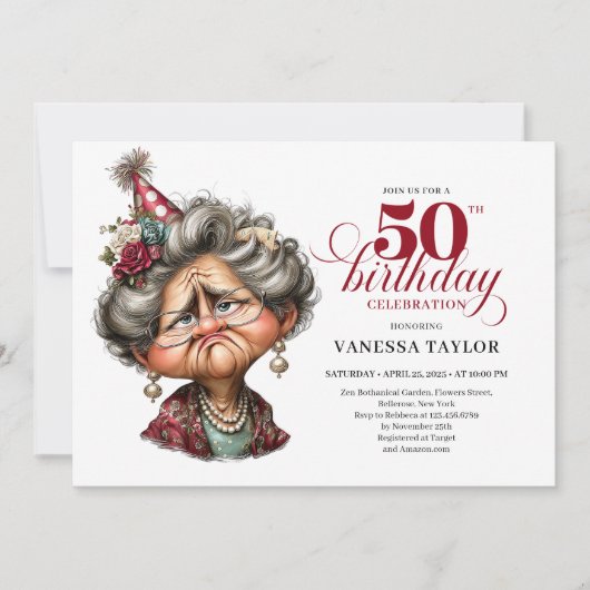 Whimsy funny grumpy woman fifty party editable einladung (Vorderseite)