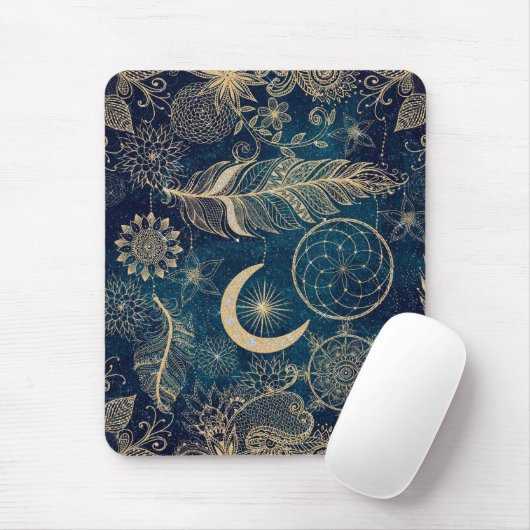 Whimsy Gold Glitzer Dreamcatcher Feathers Mandala Mousepad (Mit Mouse)