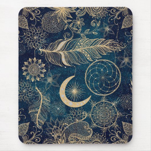 Whimsy Gold Glitzer Dreamcatcher Feathers Mandala Mousepad (Vorne)