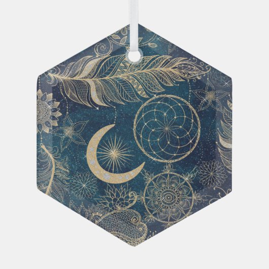 Whimsy Gold Glitzer Dreamcatcher Feathers Mandala Ornament Aus Glas (Vorderseite)