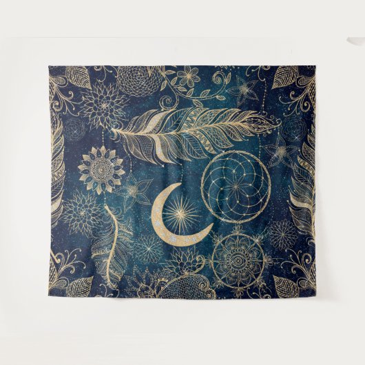 Whimsy Gold Glitzer Dreamcatcher Feathers Mandala Wandteppich (Vorderseite (Horizontal))