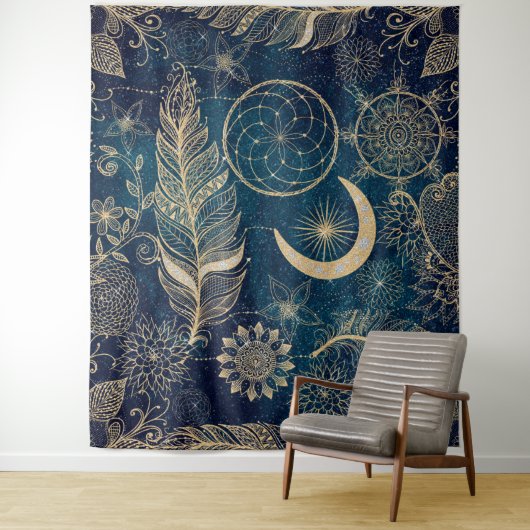 Whimsy Gold Glitzer Dreamcatcher Feathers Mandala Wandteppich (Beispiel)