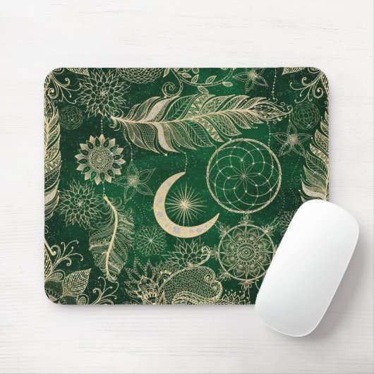 Whimsy Gold & Green Dreamcatcher Feathers Mandala Mousepad (Mit Mouse)