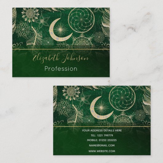Whimsy Gold & Green Dreamcatcher Feathers Mandala Visitenkarte (Vorne/Hinten)