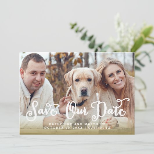 Whimsy Hand Letter Foto Hochzeit speichern das Dat Save The Date (Stehend Vorderseite)
