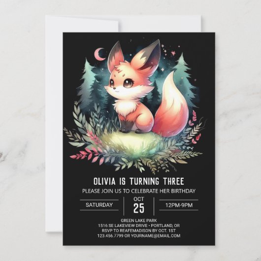 Whimsy Kids Fox Geburtstag digital Einladung (Vorderseite)