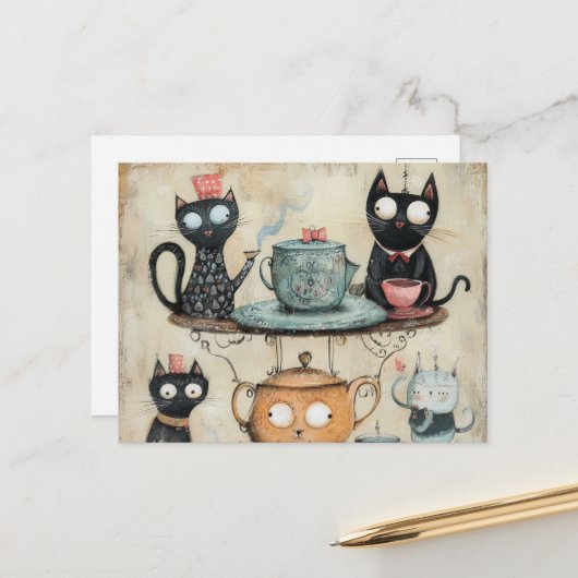 Whimsy Kitty Tea Party Postkarte (Vorderseite/Rückseite Beispiel)
