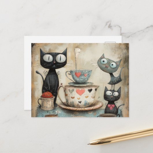 Whimsy Kitty Tea Time Postkarte (Vorderseite/Rückseite Beispiel)