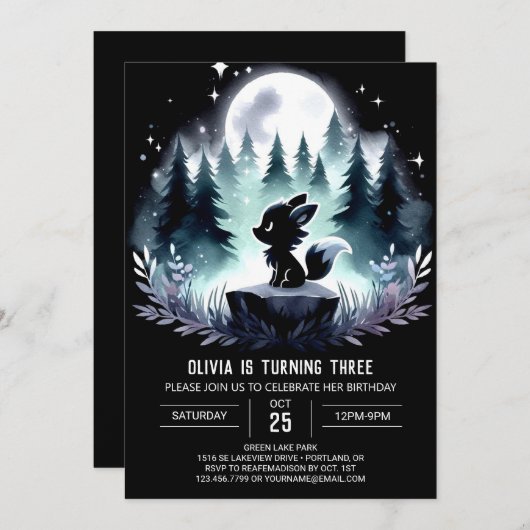 Whimsy Little Wolf Geburtstag Einladung (Vorne/Hinten)