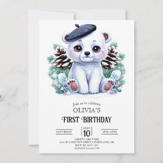 Whimsy Magic Polar Bär 1. Geburtstag digital Einladung (Vorderseite)