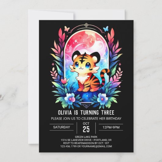 Whimsy Magical Tiger Birthday Einladung (Vorderseite)