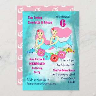 Whimsy Mermaid Twin Girls Geburtstagsparty Einladu Einladung