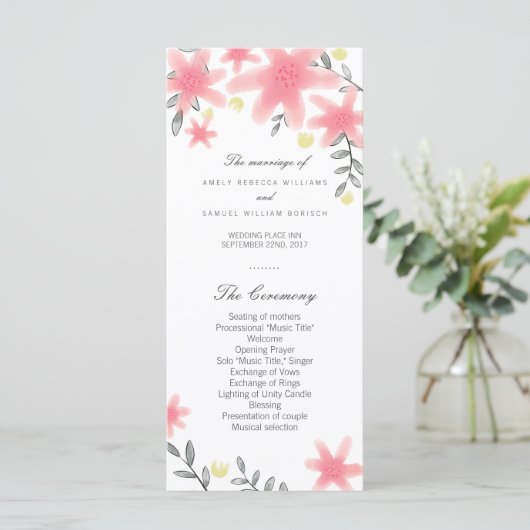 Whimsy Pink Floral Wedding Program Rack Cards Programm (Stehend Vorderseite)