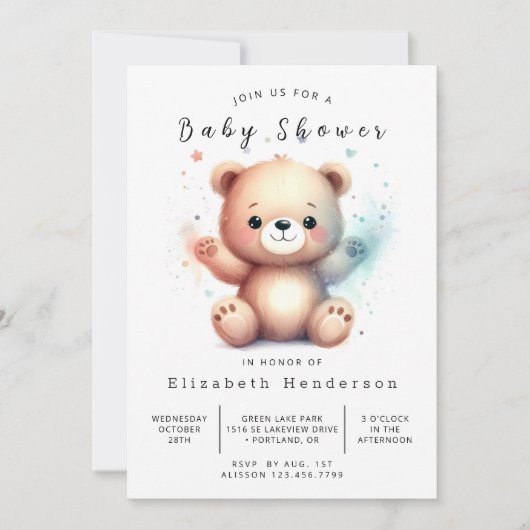 Whimsy Printable Bear Baby Dusche Einladung (Vorderseite)