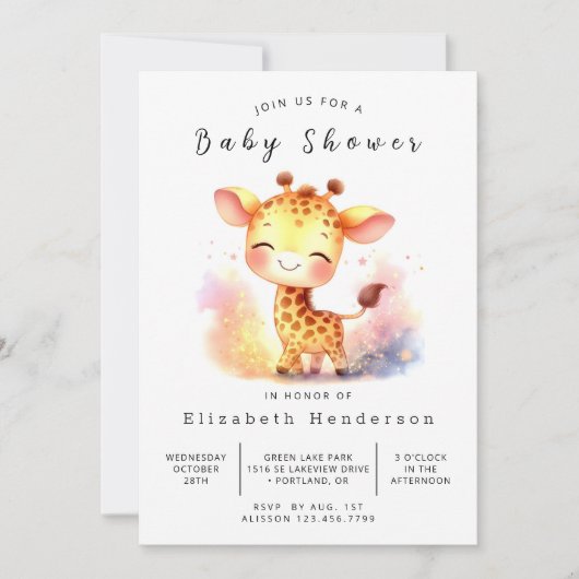 Whimsy Printable Giraffe Baby Dusche Einladung (Vorderseite)