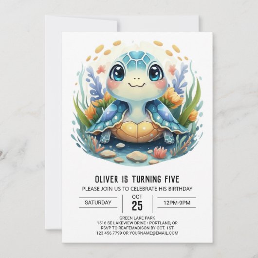 Whimsy Printable Watercolor Turtle Boy Birthday Einladung (Vorderseite)