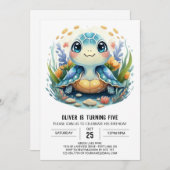 Whimsy Printable Watercolor Turtle Boy Birthday Einladung (Vorne/Hinten)