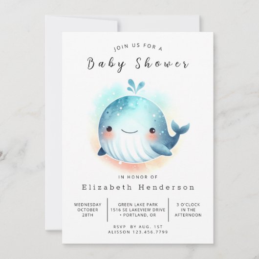 Whimsy Printable Whale Baby Dusche Einladung (Vorderseite)