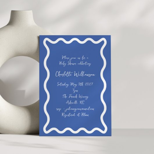 Whimsy Script Blue Scribble Border Baby Dusche Einladung