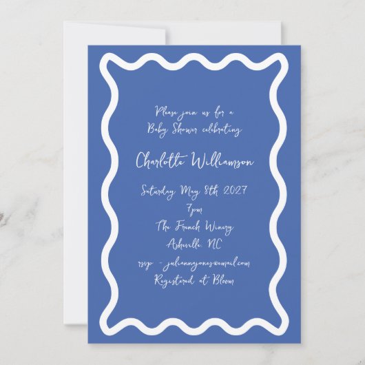Whimsy Script Blue Scribble Border Baby Dusche Einladung (Vorderseite)